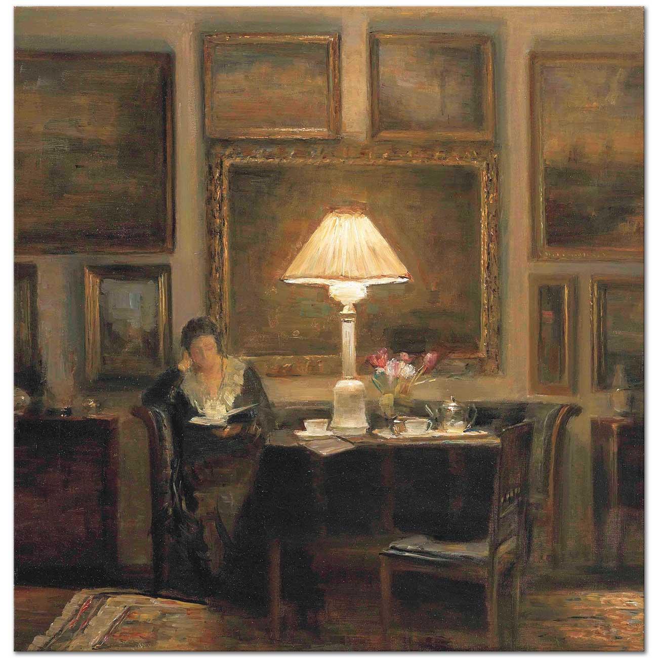 Art Oil painting Carl Vilhelm Holsoe--Woman Reading in an Interior in sunny day 