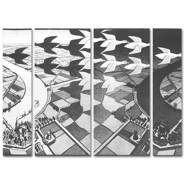 Maurits Cornelis Escher Gündüz ve Gece 4 Parçalı Kanvas Tablo