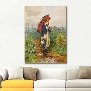 Daniel Ridgway Knight Portrait Of A Woman With Umbrella Gathering Water Art Print