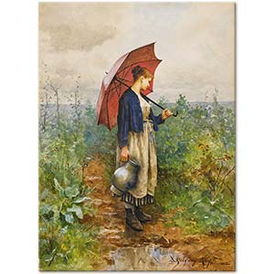 Daniel Ridgway Knight Portrait Of A Woman With Umbrella Gathering Water Art Print