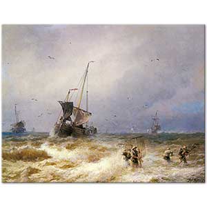 Hermann Herzog Kıyıda Balıkçılar Kanvas Tablo
