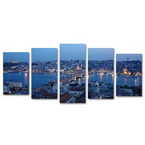 İstanbulda Akşam Galata Köprüsü 5 Parçalı Set Kanvas Tablo