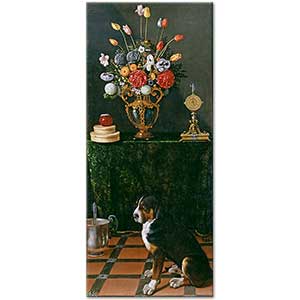 Juan van der Hamen Still Life with a Vase of Flowers and a Dog Art Print