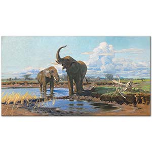 Wilhelm Kuhnert Su Birikintisi Başında Filler Kanvas Tablo
